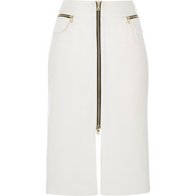 White zip front midi skirt